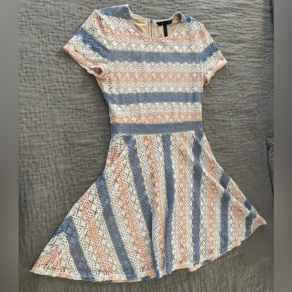 BCBGMAXAZRIA Blue Pink Combo Etched Striped Perforated ALine RENLEY Dress Medium